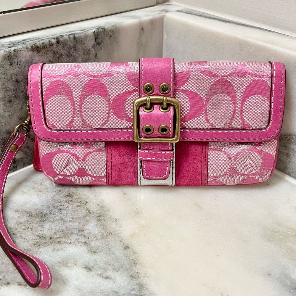 Coach Pink Signature Monogram Canvas & Leather Wristlet